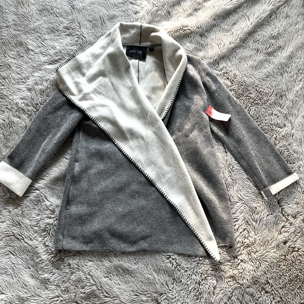 Per se gray and white open cardigan wool sweater